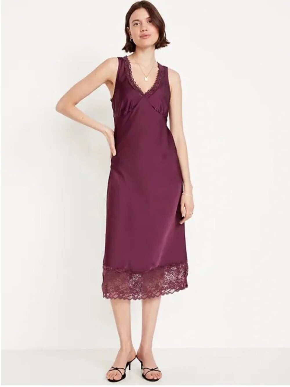 Burgundy Lace Trim Satin Sleeveless Slip Dress, XL